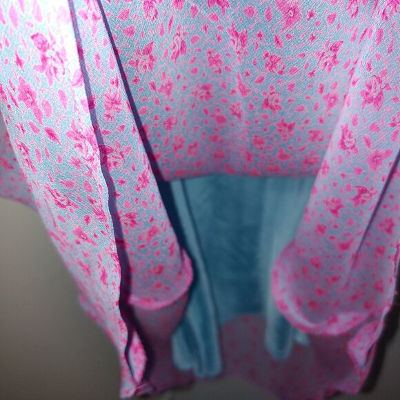 Alice & Trixie 100% Silk Floral Ruffle V-Neck Tie up Front Midi Dress Sz L Blue - Picture 7 of 8